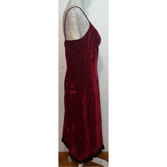 Vintage 90s Nicole Miller Red Burnout Velvet Dress w/ Fur Trim - Picture 5 of 15